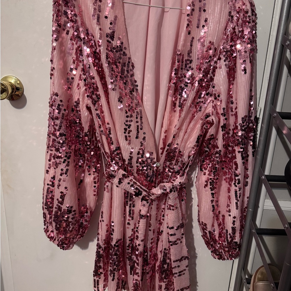BuddyLove Adeline Sequin Short Wrap Dress in pink iridescent sequins